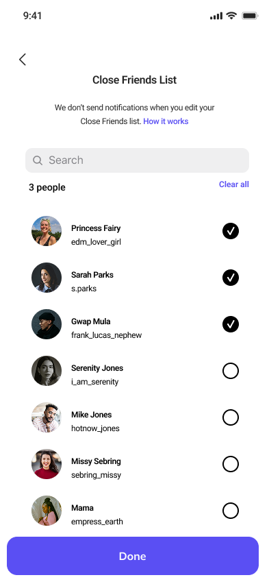 Mockup of instagram close friends currently
