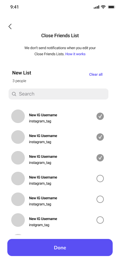 close friends list selection screen redesign mockup