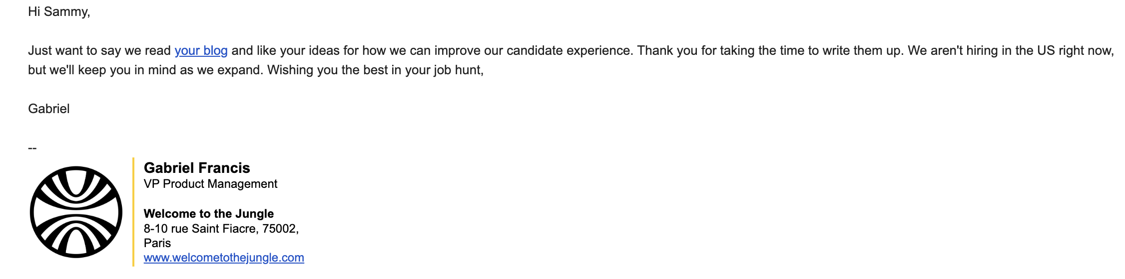 screenshot of email from the VP of Product